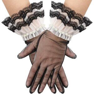 Women's Black 05 Floral Short Length Lace Tulle Mesh Wrist Wedding Party Gloves